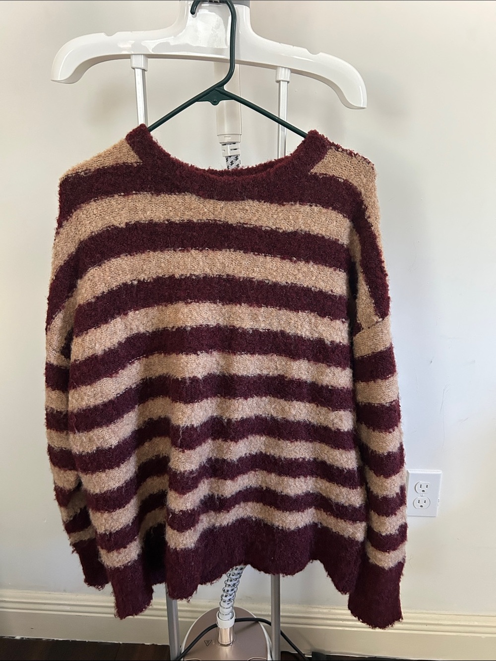 Striped Fuzzy Crewneck Sweater in Burgundy and Tan